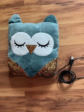 Teal Owl Heating Pad Plush with Gold Sequin Accent